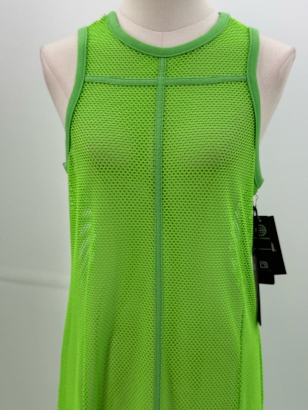 Blanc Noir Taiyo Tunic Dress Neon Green Mesh Sleeveless High Slit Swim Cover-Up - Picture 5 of 9